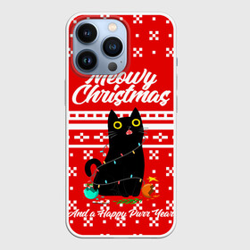 Чехол для iPhone 13 Pro с принтом MEOW | CHRISTMAS в Кировске,  |  | Тематика изображения на принте: 2020 | 2021 | 2022 | christmas | meow | meowy christmas | merry | кот | леденец | мяу | нг | новогодний | новый год | олени | рождество | свитер | узоры