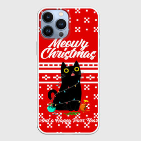 Чехол для iPhone 13 Pro Max с принтом MEOW | CHRISTMAS в Кировске,  |  | Тематика изображения на принте: 2020 | 2021 | 2022 | christmas | meow | meowy christmas | merry | кот | леденец | мяу | нг | новогодний | новый год | олени | рождество | свитер | узоры