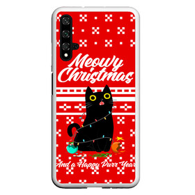 Чехол для Honor 20 с принтом MEOW | CHRISTMAS в Кировске, Силикон | Область печати: задняя сторона чехла, без боковых панелей | 2020 | 2021 | 2022 | christmas | meow | meowy christmas | merry | кот | леденец | мяу | нг | новогодний | новый год | олени | рождество | свитер | узоры