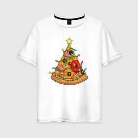 Женская футболка хлопок Oversize с принтом Новогодняя Пицца Елка в Кировске, 100% хлопок | свободный крой, круглый ворот, спущенный рукав, длина до линии бедер
 | Тематика изображения на принте: christmas | pizza | гирлянда | елка | ель | звезда | новый год | пицца | рождество