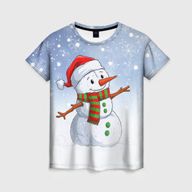 Женская футболка 3D с принтом Веселый Снеговик   Happy Snowman в Кировске, 100% полиэфир ( синтетическое хлопкоподобное полотно) | прямой крой, круглый вырез горловины, длина до линии бедер | christmas | santa | snowman | дед мороз | елка | зима | новый год | рождество | санта | снег | снеговик | снегурочка | снежинка