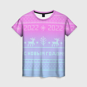 Женская футболка 3D с принтом С новым годом олени 2022 в Кировске, 100% полиэфир ( синтетическое хлопкоподобное полотно) | прямой крой, круглый вырез горловины, длина до линии бедер | 2022 | вязанный принт | вязаные олени | новый год | олени на свитере | пиксели | розовый градиент