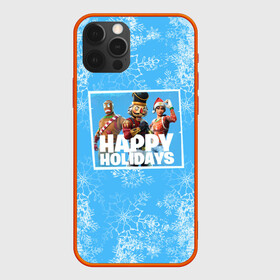 Чехол для iPhone 12 Pro с принтом Happy holidays Fortnite в Кировске, силикон | область печати: задняя сторона чехла, без боковых панелей | игра | персонажи | снег | снежинки | фото