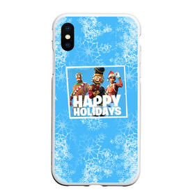 Чехол для iPhone XS Max матовый с принтом Happy holidays Fortnite в Кировске, Силикон | Область печати: задняя сторона чехла, без боковых панелей | Тематика изображения на принте: игра | персонажи | снег | снежинки | фото