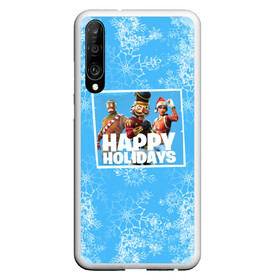 Чехол для Honor P30 с принтом Happy holidays Fortnite в Кировске, Силикон | Область печати: задняя сторона чехла, без боковых панелей | игра | персонажи | снег | снежинки | фото