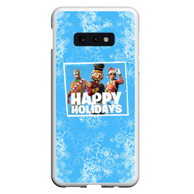 Чехол для Samsung S10E с принтом Happy holidays Fortnite в Кировске, Силикон | Область печати: задняя сторона чехла, без боковых панелей | игра | персонажи | снег | снежинки | фото