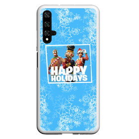 Чехол для Honor 20 с принтом Happy holidays Fortnite в Кировске, Силикон | Область печати: задняя сторона чехла, без боковых панелей | Тематика изображения на принте: игра | персонажи | снег | снежинки | фото