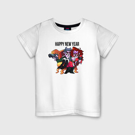 Детская футболка хлопок с принтом Happy New Year FNF в Кировске, 100% хлопок | круглый вырез горловины, полуприлегающий силуэт, длина до линии бедер | игра | кресло | надпись | персонажи | пистолет