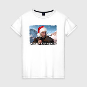 Женская футболка хлопок с принтом Ведьмак merry christmas в Кировске, 100% хлопок | прямой крой, круглый вырез горловины, длина до линии бедер, слегка спущенное плечо | горы | мужчина | охотник | персонаж | шапка
