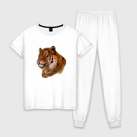 Женская пижама хлопок с принтом Тигр маслом в Кировске, 100% хлопок | брюки и футболка прямого кроя, без карманов, на брюках мягкая резинка на поясе и по низу штанин | 2022 | иллюстрация | новый год | рисунок | скетч | тигр