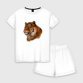 Женская пижама с шортиками хлопок с принтом Тигр маслом в Кировске, 100% хлопок | футболка прямого кроя, шорты свободные с широкой мягкой резинкой | 2022 | иллюстрация | новый год | рисунок | скетч | тигр