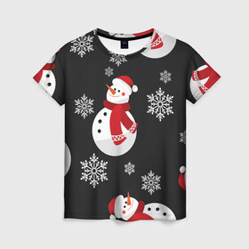 Женская футболка 3D с принтом Снеговик в Кировске, 100% полиэфир ( синтетическое хлопкоподобное полотно) | прямой крой, круглый вырез горловины, длина до линии бедер | merry christmas | веселого рождества | рождество | снеговики | снежинки | шарфик