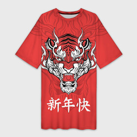 Платье-футболка 3D с принтом Красный тигр  дракон в Кировске,  |  | 2022 | beast | chinese characters | chinese zodiac | dragon | head | muzzle | new year | predator | red tiger | stern look | year of the tiger | год тигра | голова | дракон | зверь | китайские иероглифы | красный тигр | новый год | по китайскому г