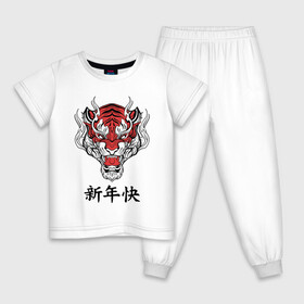 Детская пижама хлопок с принтом Красный тигр   дракон 2022 в Кировске, 100% хлопок |  брюки и футболка прямого кроя, без карманов, на брюках мягкая резинка на поясе и по низу штанин
 | Тематика изображения на принте: 2022 | beast | chinese characters | chinese zodiac | dragon | head | muzzle | new year | predator | red tiger | stern look | year of the tiger | год тигра | голова | дракон | зверь | китайские иероглифы | красный тигр | новый год | по китайскому г