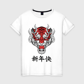 Женская футболка хлопок с принтом Красный тигр   дракон 2022 в Кировске, 100% хлопок | прямой крой, круглый вырез горловины, длина до линии бедер, слегка спущенное плечо | 2022 | beast | chinese characters | chinese zodiac | dragon | head | muzzle | new year | predator | red tiger | stern look | year of the tiger | год тигра | голова | дракон | зверь | китайские иероглифы | красный тигр | новый год | по китайскому г
