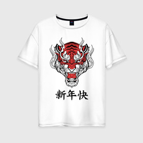 Женская футболка хлопок Oversize с принтом Красный тигр   дракон 2022 в Кировске, 100% хлопок | свободный крой, круглый ворот, спущенный рукав, длина до линии бедер
 | 2022 | beast | chinese characters | chinese zodiac | dragon | head | muzzle | new year | predator | red tiger | stern look | year of the tiger | год тигра | голова | дракон | зверь | китайские иероглифы | красный тигр | новый год | по китайскому г
