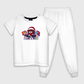 Детская пижама хлопок с принтом FNF Новый год в Кировске, 100% хлопок |  брюки и футболка прямого кроя, без карманов, на брюках мягкая резинка на поясе и по низу штанин
 | девушка | игра | надпись | персонажи | санта