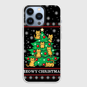 Чехол для iPhone 13 Pro с принтом MEOWY CHRISTMAS | 2022 в Кировске,  |  | Тематика изображения на принте: 2020 | 2021 | 2022 | christmas | meow | meowy christmas | merry | кот | леденец | мяу | нг | новогодний | новый год | олени | рождество | свитер | узоры