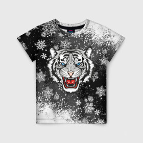 Детская футболка 3D с принтом НОВОГОДНИЙ БЕЛЫЙ ТИГР 2022 в Кировске, 100% гипоаллергенный полиэфир | прямой крой, круглый вырез горловины, длина до линии бедер, чуть спущенное плечо, ткань немного тянется | 2022 | beast | merry christmas | new year | red bow | santa hat | snow | tiger | winter | winter is coming | year of the tiger | год тигра | дед мороз | животные | звери | зверь | зима | зима 2022 | зима близко | новог | новогодни
