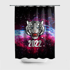 Штора 3D для ванной с принтом ЧЁРНЫЙ ТИГР НОВЫЙ ГОД 2022   GRAY TIGER NEW YEAR в Кировске, 100% полиэстер | плотность материала — 100 г/м2. Стандартный размер — 146 см х 180 см. По верхнему краю — пластиковые люверсы для креплений. В комплекте 10 пластиковых колец | 2022 | beast | merry christmas | new year | red bow | santa hat | snow | tiger | winter | winter is coming | year of the tiger | год тигра | дед мороз | животные | звери | зверь | зима | зима 2022 | зима близко | новог | новогодни