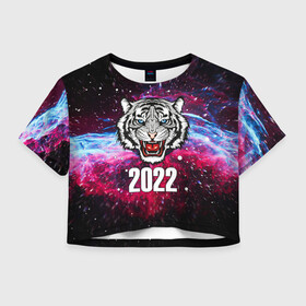 Женская футболка Crop-top 3D с принтом ЧЁРНЫЙ ТИГР НОВЫЙ ГОД 2022   GRAY TIGER NEW YEAR в Кировске, 100% полиэстер | круглая горловина, длина футболки до линии талии, рукава с отворотами | 2022 | beast | merry christmas | new year | red bow | santa hat | snow | tiger | winter | winter is coming | year of the tiger | год тигра | дед мороз | животные | звери | зверь | зима | зима 2022 | зима близко | новог | новогодни