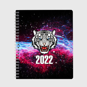 Тетрадь с принтом ЧЁРНЫЙ ТИГР НОВЫЙ ГОД 2022   GRAY TIGER NEW YEAR в Кировске, 100% бумага | 48 листов, плотность листов — 60 г/м2, плотность картонной обложки — 250 г/м2. Листы скреплены сбоку удобной пружинной спиралью. Уголки страниц и обложки скругленные. Цвет линий — светло-серый
 | Тематика изображения на принте: 2022 | beast | merry christmas | new year | red bow | santa hat | snow | tiger | winter | winter is coming | year of the tiger | год тигра | дед мороз | животные | звери | зверь | зима | зима 2022 | зима близко | новог | новогодни