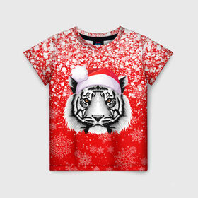 Детская футболка 3D с принтом НОВОГОДНИЙ ТИГР 2022   ЕШПУК 2022 в Кировске, 100% гипоаллергенный полиэфир | прямой крой, круглый вырез горловины, длина до линии бедер, чуть спущенное плечо, ткань немного тянется | 2022 | beast | merry christmas | new year | red bow | santa hat | snow | tiger | winter | winter is coming | year of the tiger | год тигра | дед мороз | животные | звери | зверь | зима | зима 2022 | зима близко | новог | новогодни