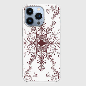Чехол для iPhone 13 Pro с принтом Шоколадные снежинки на белом фоне в Кировске,  |  | бесшовный | бесшовный принт | бесшовный узор | зима | зимний | зимний мотив | зимний узор | коричневая снежинка | коричневый | коричневый узор | паттерн | снежинка | снежинки