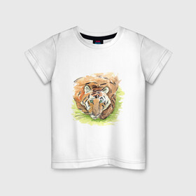 Детская футболка хлопок с принтом Портрет тигра с зелёными глазами в Кировске, 100% хлопок | круглый вырез горловины, полуприлегающий силуэт, длина до линии бедер | 2022 | глаза | животное | зверь | китайский календарь | кошка | новый год | оранжевый | полоски | символ года | тигр | хищник