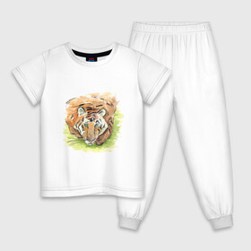 Детская пижама хлопок с принтом Портрет тигра с зелёными глазами в Кировске, 100% хлопок |  брюки и футболка прямого кроя, без карманов, на брюках мягкая резинка на поясе и по низу штанин
 | Тематика изображения на принте: 2022 | глаза | животное | зверь | китайский календарь | кошка | новый год | оранжевый | полоски | символ года | тигр | хищник