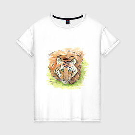 Женская футболка хлопок с принтом Портрет тигра с зелёными глазами в Кировске, 100% хлопок | прямой крой, круглый вырез горловины, длина до линии бедер, слегка спущенное плечо | 2022 | глаза | животное | зверь | китайский календарь | кошка | новый год | оранжевый | полоски | символ года | тигр | хищник