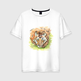 Женская футболка хлопок Oversize с принтом Портрет тигра с зелёными глазами в Кировске, 100% хлопок | свободный крой, круглый ворот, спущенный рукав, длина до линии бедер
 | Тематика изображения на принте: 2022 | глаза | животное | зверь | китайский календарь | кошка | новый год | оранжевый | полоски | символ года | тигр | хищник