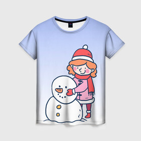 Женская футболка 3D с принтом Девочка лепит снеговика в Кировске, 100% полиэфир ( синтетическое хлопкоподобное полотно) | прямой крой, круглый вырез горловины, длина до линии бедер | 2022 | девочка | зима | зимние забавы | милота | рисунок | снег | снеговик | снежок | холод