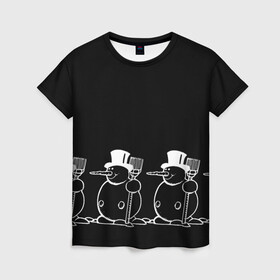 Женская футболка 3D с принтом Снеговик на черном фоне в Кировске, 100% полиэфир ( синтетическое хлопкоподобное полотно) | прямой крой, круглый вырез горловины, длина до линии бедер | snowman | зима | минимализм | новый год | снеговик