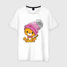 Мужская футболка хлопок с принтом Милый тигренок в розовой шапочке в Кировске, 100% хлопок | прямой крой, круглый вырез горловины, длина до линии бедер, слегка спущенное плечо. | 2022 | год тигра | новый год | новый год 2022 | символ года | тигр | тигренок | тигрица | тигры