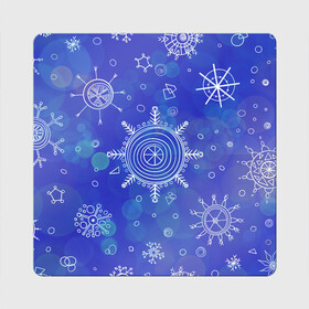 Магнит виниловый Квадрат с принтом Белые простые снежинки на синем фоне в Кировске, полимерный материал с магнитным слоем | размер 9*9 см, закругленные углы | белые снежинки | зимний | зимний паттерн | новогодний | паттерн со снежинками | светящееся снежинки | синий фон | снегопад | снегопад на синем фоне | снежинки | снежинки карандашом
