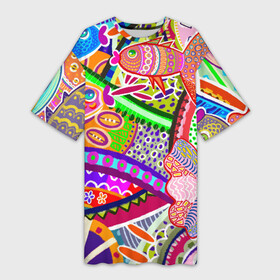 Платье-футболка 3D с принтом Разноцветные яркие рыбки на абстрактном цветном фоне в Кировске,  |  | абстрактный паттерн | абстрактный фон | абстракция | аквариум | буйство красок в океане | египетские рыбки | знак зодиака рыбы | красное море | мировой океан | паттерн из рыб | разноцветные рыбы