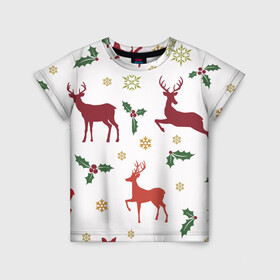 Детская футболка 3D с принтом Новогодние Олени (Снежинки) в Кировске, 100% гипоаллергенный полиэфир | прямой крой, круглый вырез горловины, длина до линии бедер, чуть спущенное плечо, ткань немного тянется | животное | новогоднее настроение | новогодние олени | новый год | олени | снежинки
