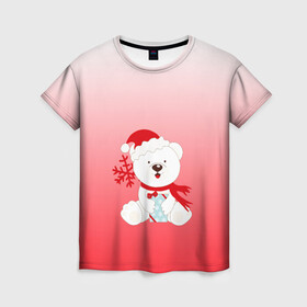 Женская футболка 3D с принтом Белый мишка с подарком в Кировске, 100% полиэфир ( синтетическое хлопкоподобное полотно) | прямой крой, круглый вырез горловины, длина до линии бедер | белый мишка | градиент | зима | коробочка | медведь | милота | нейтральный | новый год | подарок | полярный мишка | рисунок | снежинка | сюрприз | шапочка