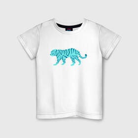 Детская футболка хлопок с принтом водяной тигр 2022 в Кировске, 100% хлопок | круглый вырез горловины, полуприлегающий силуэт, длина до линии бедер | 2022зима | blue water tiger | year of the tiger | водный тигр | год тигра | ёлка | кошка | новыйгод | синие полоски | тигр