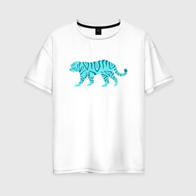 Женская футболка хлопок Oversize с принтом водяной тигр 2022 в Кировске, 100% хлопок | свободный крой, круглый ворот, спущенный рукав, длина до линии бедер
 | 2022зима | blue water tiger | year of the tiger | водный тигр | год тигра | ёлка | кошка | новыйгод | синие полоски | тигр