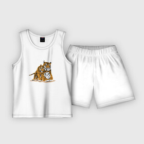 Детская пижама с шортами хлопок с принтом Тигрица с игривым тигрёнком в Кировске,  |  | affection | muzzle | paws | skin | tail | tiger cub | tigress | лапы | ласка | тигрёнок | тигрица | хвост