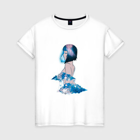 Женская футболка хлопок с принтом Nebula girl в Кировске, 100% хлопок | прямой крой, круглый вырез горловины, длина до линии бедер, слегка спущенное плечо | anime | clouds | girl | nebula | space | аниме | астрология | девушка | космос | облака