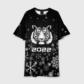 Детское платье 3D с принтом Новогодний тиг 2022 со снежинками. в Кировске, 100% полиэстер | прямой силуэт, чуть расширенный к низу. Круглая горловина, на рукавах — воланы | 2022 | merry christmas | год тигра | нг | новогодний тигр | новогодняя символика | новый год | рождество | символ 2022 года | снежинки | тигр
