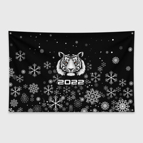 Флаг-баннер с принтом Новогодний тиг 2022 со снежинками. в Кировске, 100% полиэстер | размер 67 х 109 см, плотность ткани — 95 г/м2; по краям флага есть четыре люверса для крепления | 2022 | merry christmas | год тигра | нг | новогодний тигр | новогодняя символика | новый год | рождество | символ 2022 года | снежинки | тигр