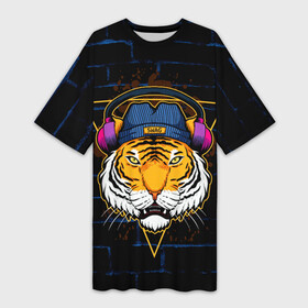 Платье-футболка 3D с принтом Тигр в наушниках SWAG в Кировске,  |  | furry | swag | tiger | в наушниках | восточный тигр | год тигра | кошка | тигр | тигренок | хищник