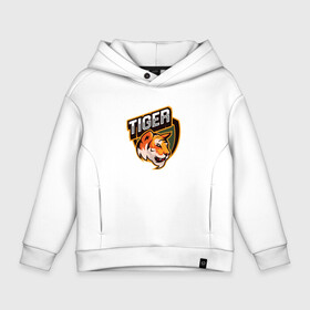 Детское худи Oversize хлопок с принтом Тигр | Tiger логотип в Кировске, френч-терри — 70% хлопок, 30% полиэстер. Мягкий теплый начес внутри —100% хлопок | боковые карманы, эластичные манжеты и нижняя кромка, капюшон на магнитной кнопке | tiger | восточный тигр | год тигра | кошка | тигр | тигренок | хищник