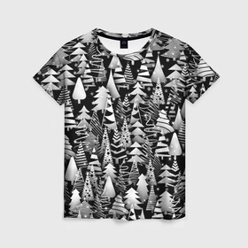 Женская футболка 3D с принтом Лес абстрактных ёлок в Кировске, 100% полиэфир ( синтетическое хлопкоподобное полотно) | прямой крой, круглый вырез горловины, длина до линии бедер | абстракция | ёлка | ель | лес | новогодний | новый год | паттерн | рождество | снег | снежинки | чернобелый