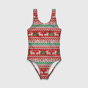 Детский купальник 3D с принтом Deer Christmas Pattern в Кировске, Полиэстер 85%, Спандекс 15% | Слитный крой, подклад по переду изделия, узкие бретели | background | christmas | christmas pattern | deer | herringbone | holiday | knitted pattern | new year | pattern | texture | tree | вязаный узор | елка | елочка | новогодний узор | новый год | олени | паттерн | праздник | рождество | текстура | узор | фон