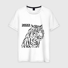 Мужская футболка хлопок с принтом ТиГрРрА в Кировске, 100% хлопок | прямой крой, круглый вырез горловины, длина до линии бедер, слегка спущенное плечо. | Тематика изображения на принте: 2022 | зима | кот | новый год | тигр